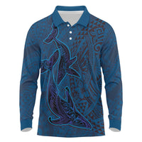 Hawaiian Whales Polynesian Art Motifs Long Sleeve Polo Shirt Blue Color - Polynesian Pride