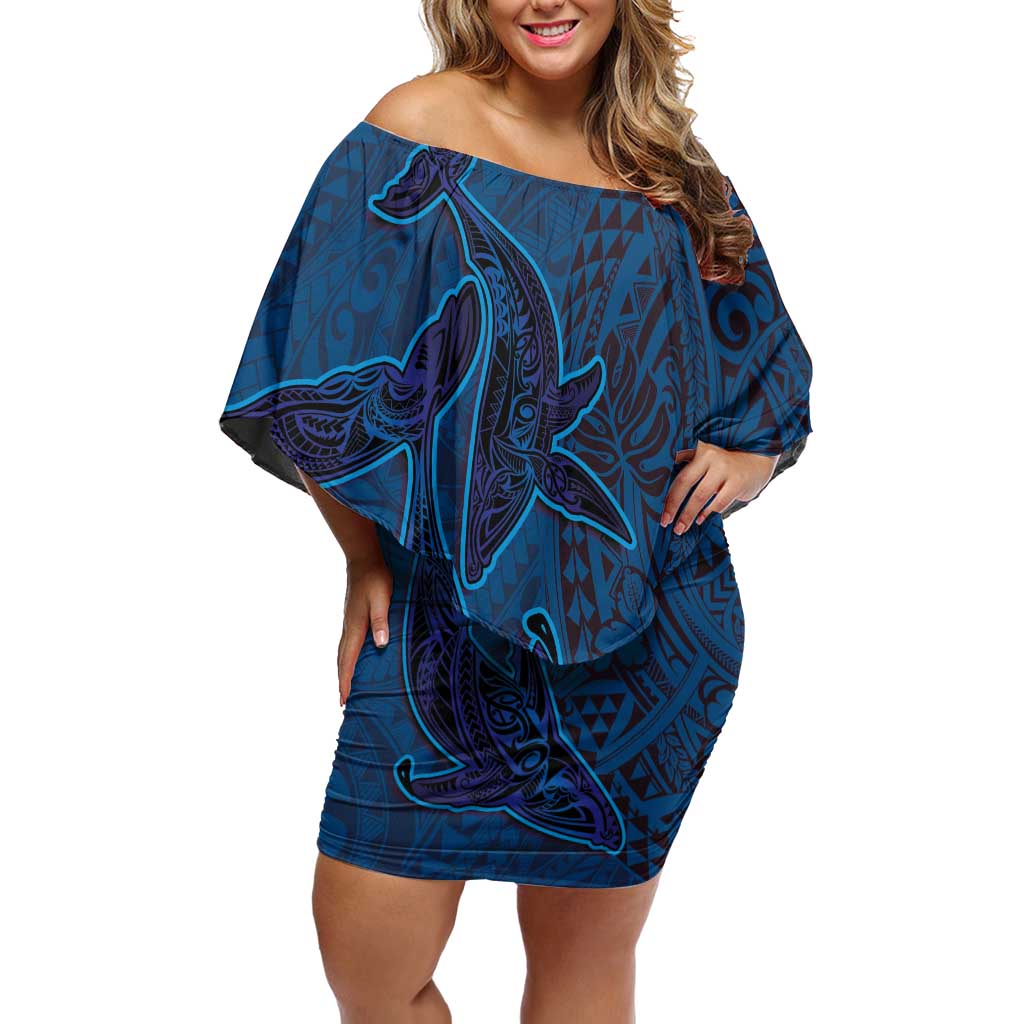 Hawaiian Whales Polynesian Art Motifs Off Shoulder Short Dress Blue Color - Polynesian Pride