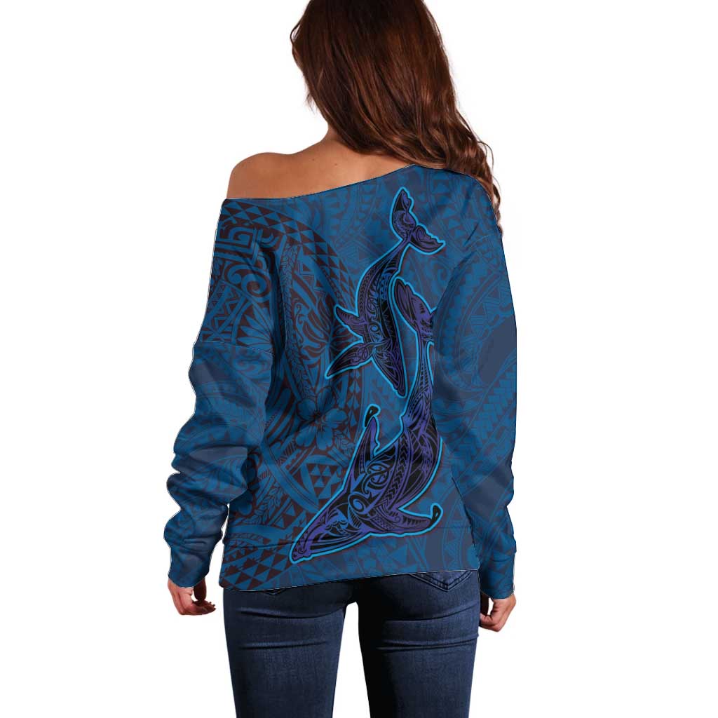 Hawaiian Whales Polynesian Art Motifs Off Shoulder Sweater Blue Color - Polynesian Pride