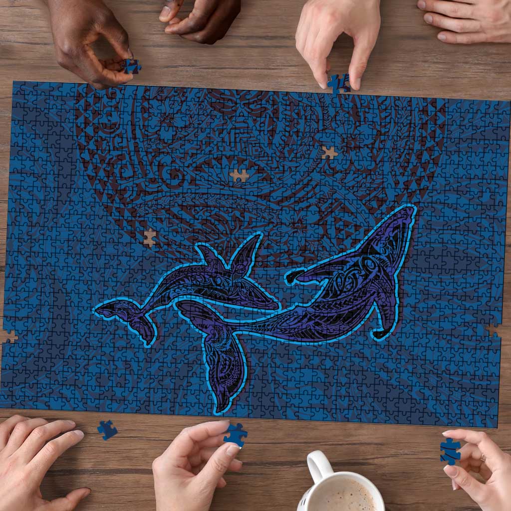 Hawaiian Whales Polynesian Art Motifs Puzzle Blue Color - Polynesian Pride