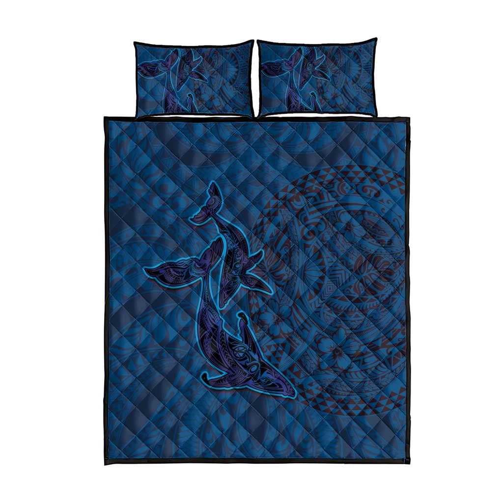 Hawaiian Whales Polynesian Art Motifs Quilt Bed Set Blue Color - Polynesian Pride