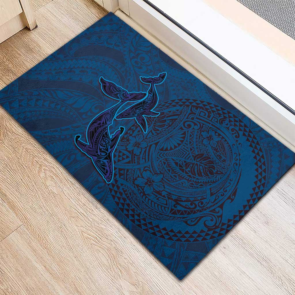Hawaiian Whales Polynesian Art Motifs Rubber Doormat Blue Color - Polynesian Pride