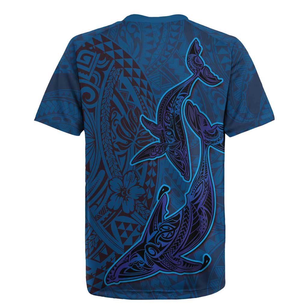 Hawaiian Whales Polynesian Art Motifs Rugby Jersey Blue Color - Polynesian Pride