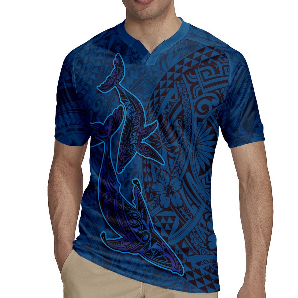 Hawaiian Whales Polynesian Art Motifs Rugby Jersey Blue Color - Polynesian Pride