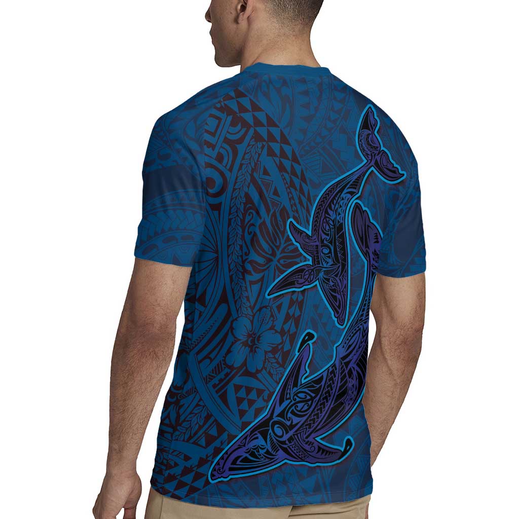 Hawaiian Whales Polynesian Art Motifs Rugby Jersey Blue Color - Polynesian Pride