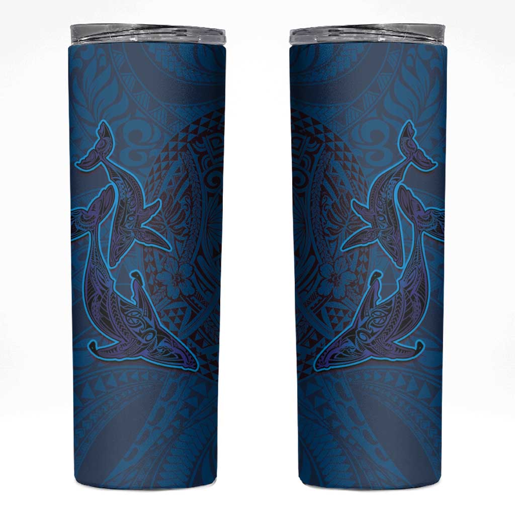 Hawaiian Whales Polynesian Art Motifs Skinny Tumbler Blue Color - Polynesian Pride