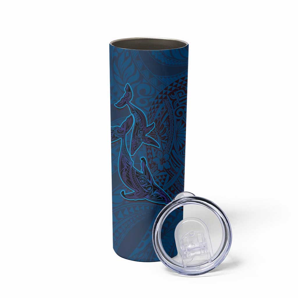 Hawaiian Whales Polynesian Art Motifs Skinny Tumbler Blue Color - Polynesian Pride