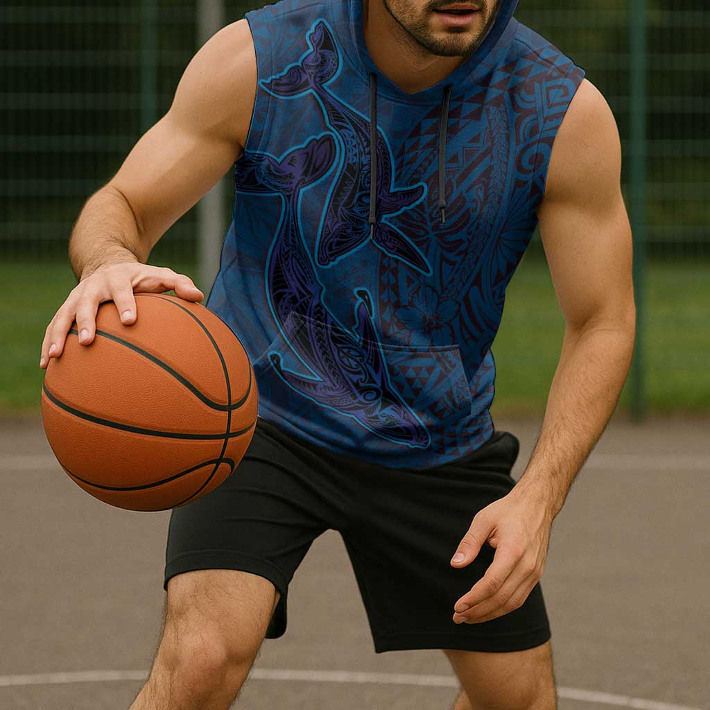 Hawaiian Whales Polynesian Art Motifs Sleeveless Hoodie Blue Color - Polynesian Pride