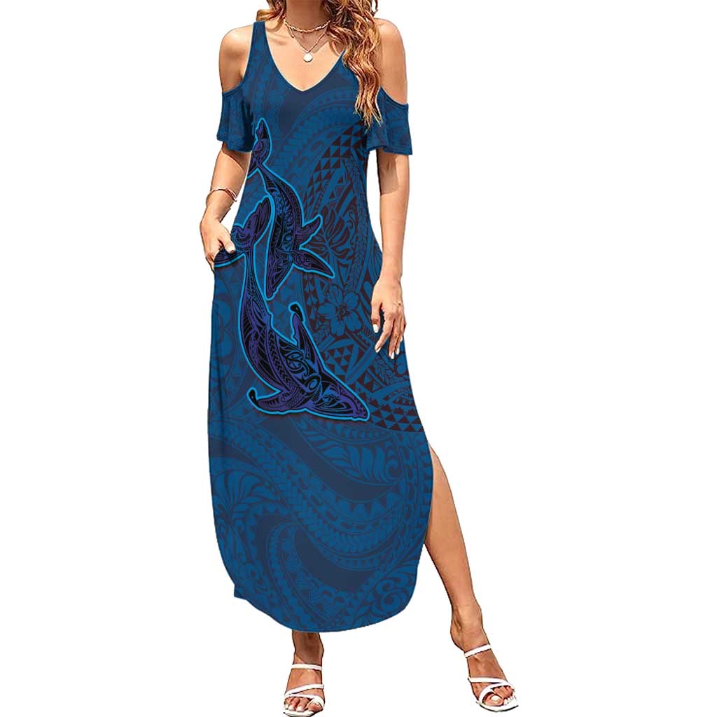 Hawaiian Whales Polynesian Art Motifs Summer Maxi Dress Blue Color - Polynesian Pride
