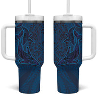 Hawaiian Whales Polynesian Art Motifs Tumbler With Handle Blue Color - Polynesian Pride