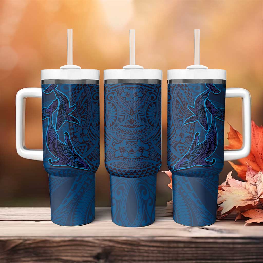 Hawaiian Whales Polynesian Art Motifs Tumbler With Handle Blue Color - Polynesian Pride
