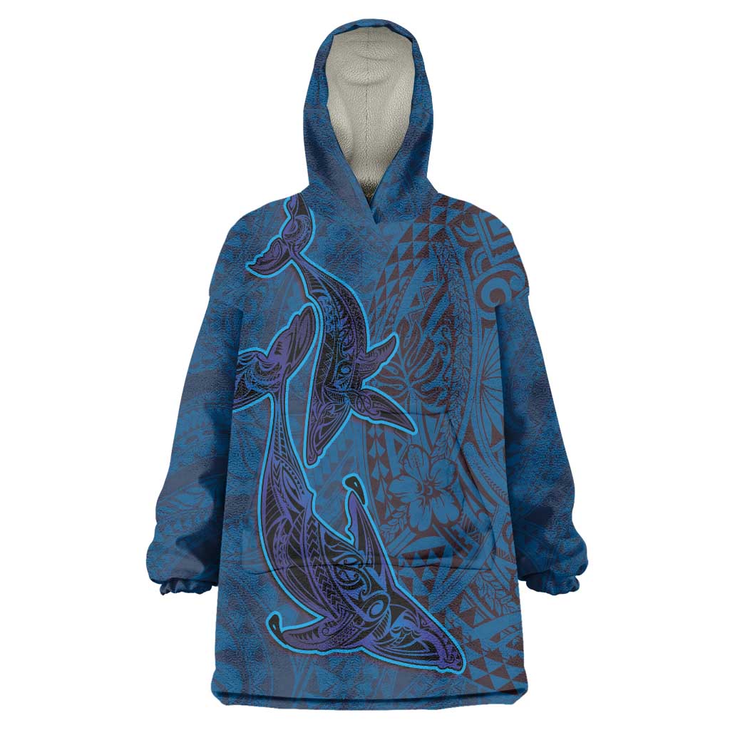 Hawaiian Whales Polynesian Art Motifs Wearable Blanket Hoodie Blue Color - Polynesian Pride