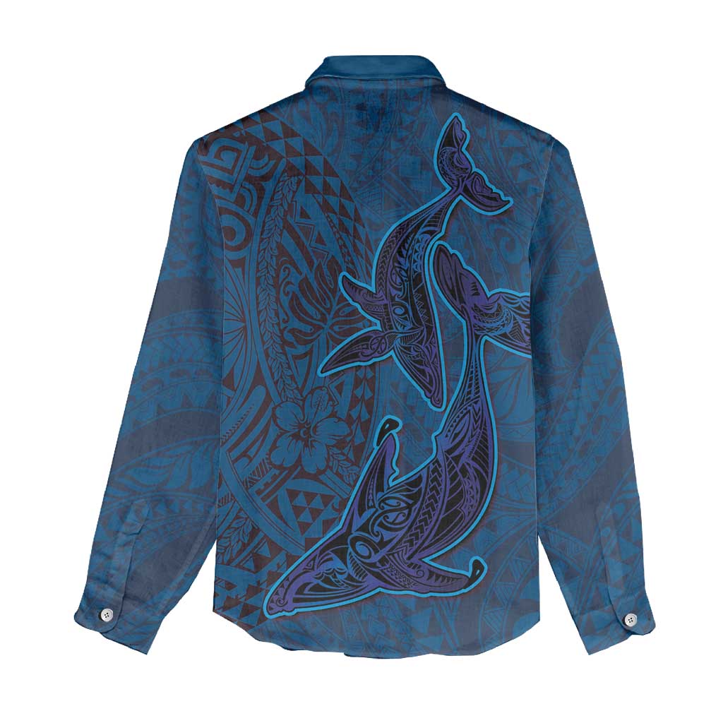 Hawaiian Whales Polynesian Art Motifs Women Casual Shirt Blue Color - Polynesian Pride