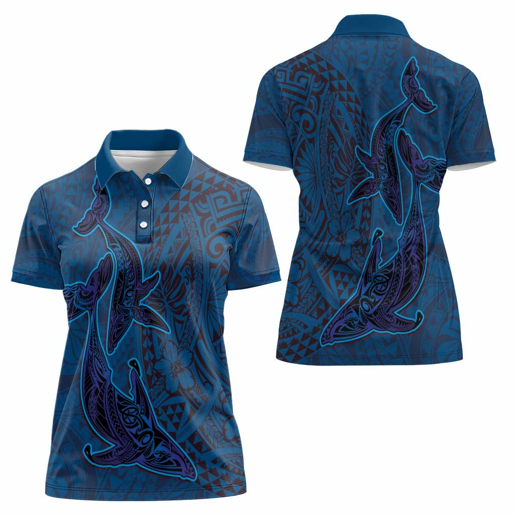 Hawaiian Whales Polynesian Art Motifs Women Polo Shirt Blue Color - Polynesian Pride
