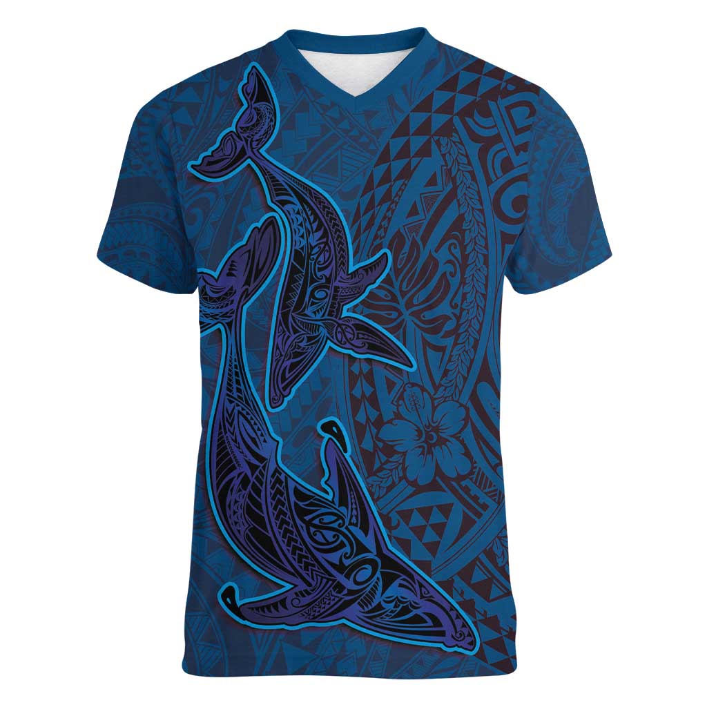 Hawaiian Whales Polynesian Art Motifs Women V-Neck T-Shirt Blue Color - Polynesian Pride