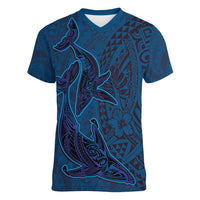 Hawaiian Whales Polynesian Art Motifs Women V-Neck T-Shirt Blue Color - Polynesian Pride