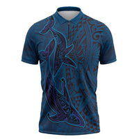 Hawaiian Whales Polynesian Art Motifs Zipper Polo Shirt Blue Color - Polynesian Pride