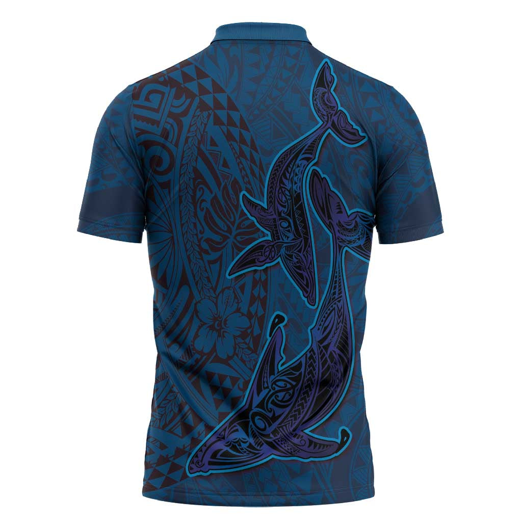 Hawaiian Whales Polynesian Art Motifs Zipper Polo Shirt Blue Color - Polynesian Pride