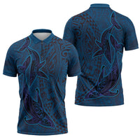 Hawaiian Whales Polynesian Art Motifs Zipper Polo Shirt Blue Color - Polynesian Pride