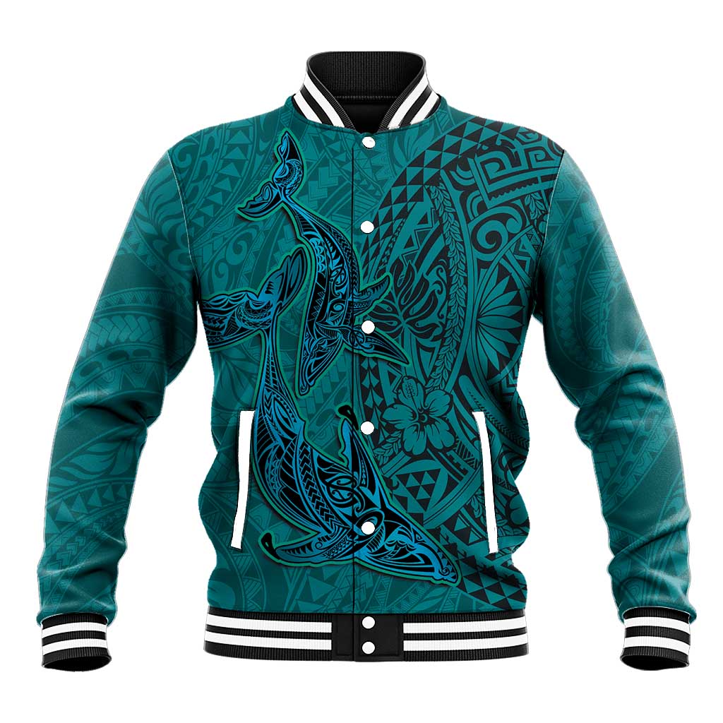 Hawaiian Whales Polynesian Art Motifs Baseball Jacket Turquoise Color - Polynesian Pride