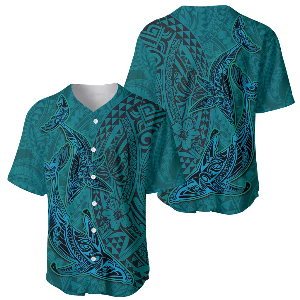 Hawaiian Whales Polynesian Art Motifs Baseball Jersey Turquoise Color - Polynesian Pride