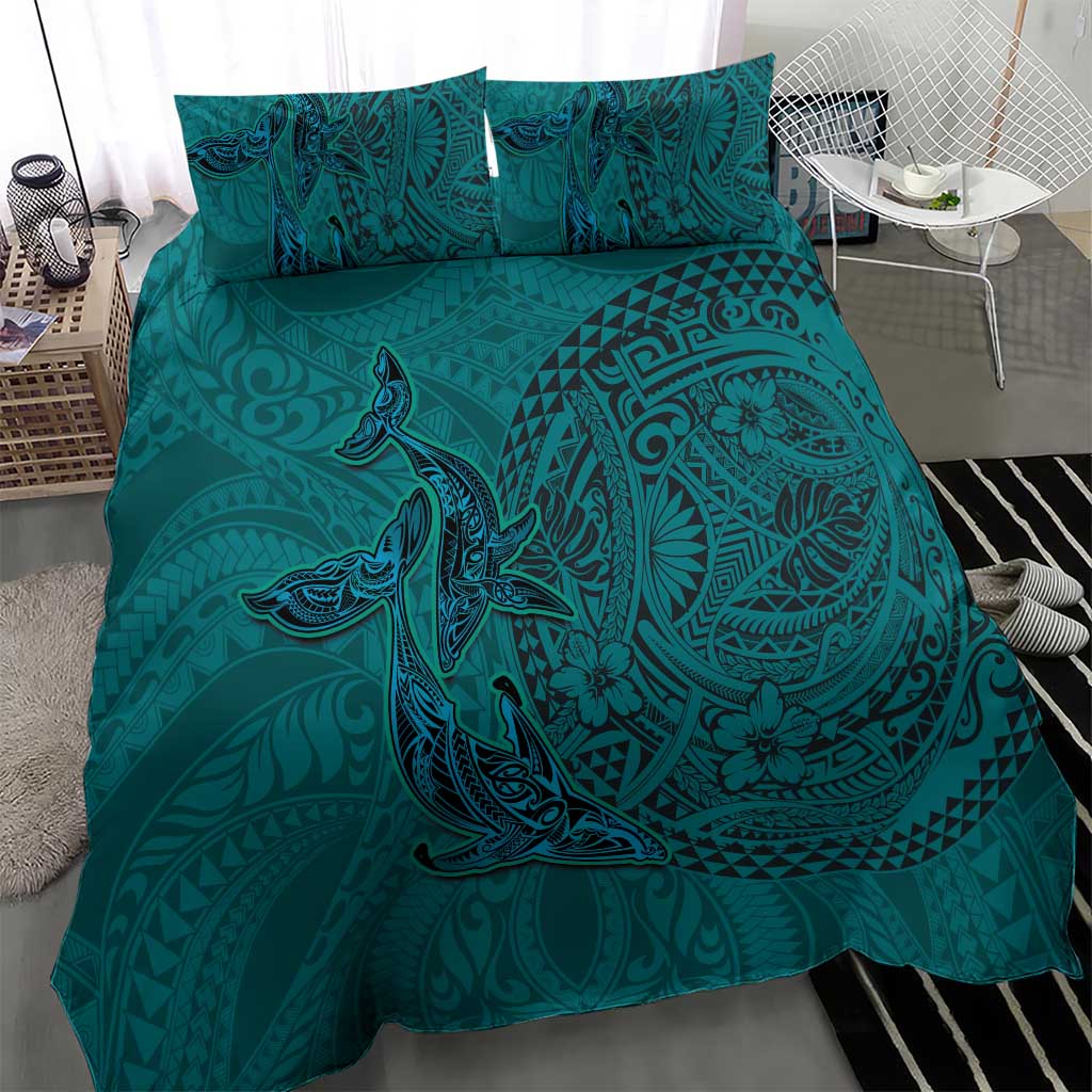 Hawaiian Whales Polynesian Art Motifs Bedding Set Turquoise Color - Polynesian Pride
