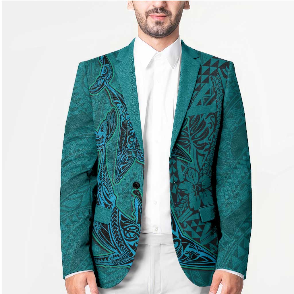 Hawaiian Whales Polynesian Art Motifs Blazer Turquoise Color - Polynesian Pride