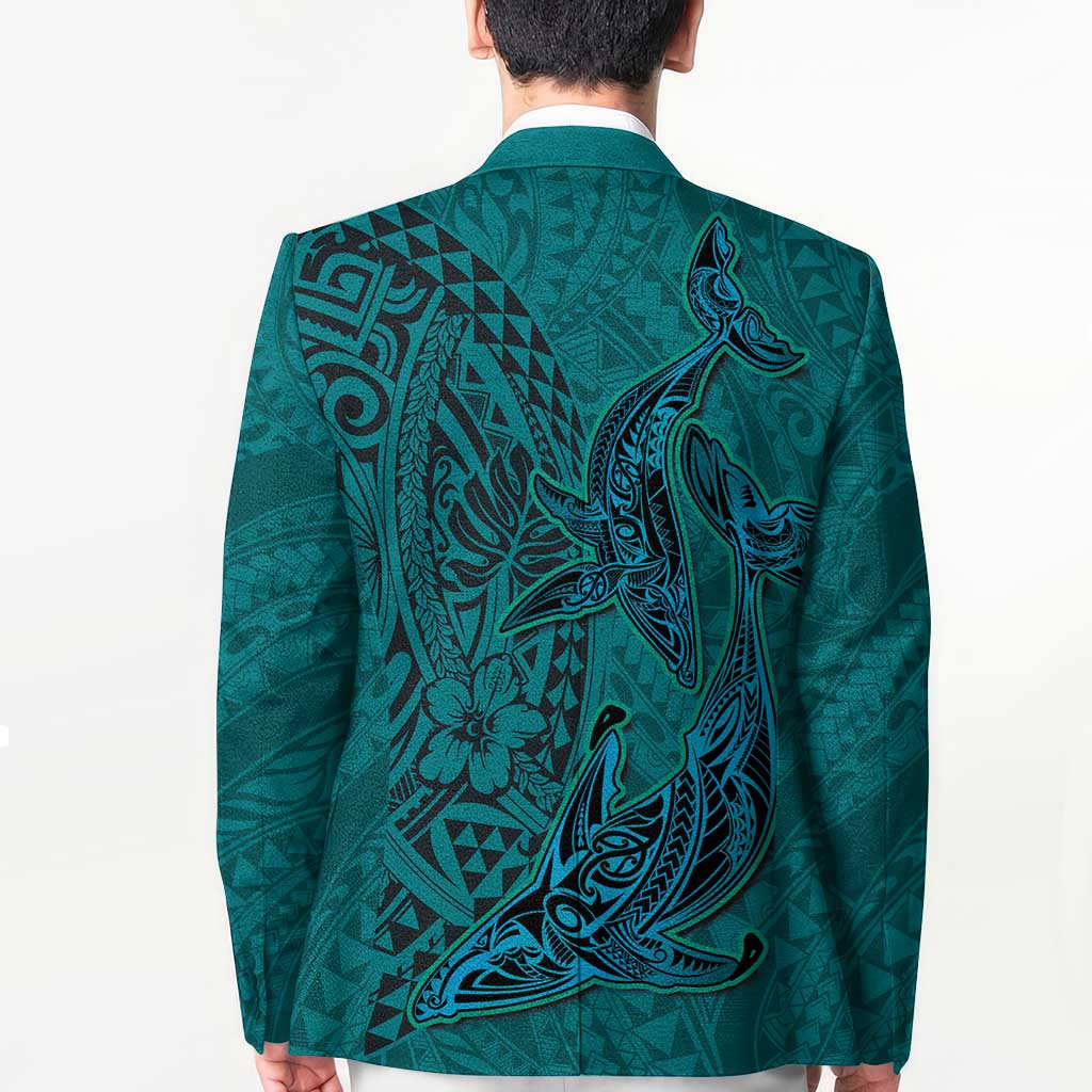 Hawaiian Whales Polynesian Art Motifs Blazer Turquoise Color - Polynesian Pride