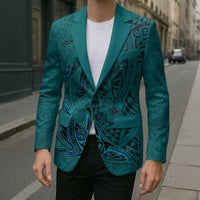 Hawaiian Whales Polynesian Art Motifs Blazer Turquoise Color - Polynesian Pride