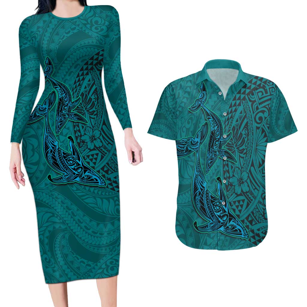 Hawaiian Whales Polynesian Art Motifs Couples Matching Long Sleeve Bodycon Dress and Hawaiian Shirt Turquoise Color - Polynesian Pride