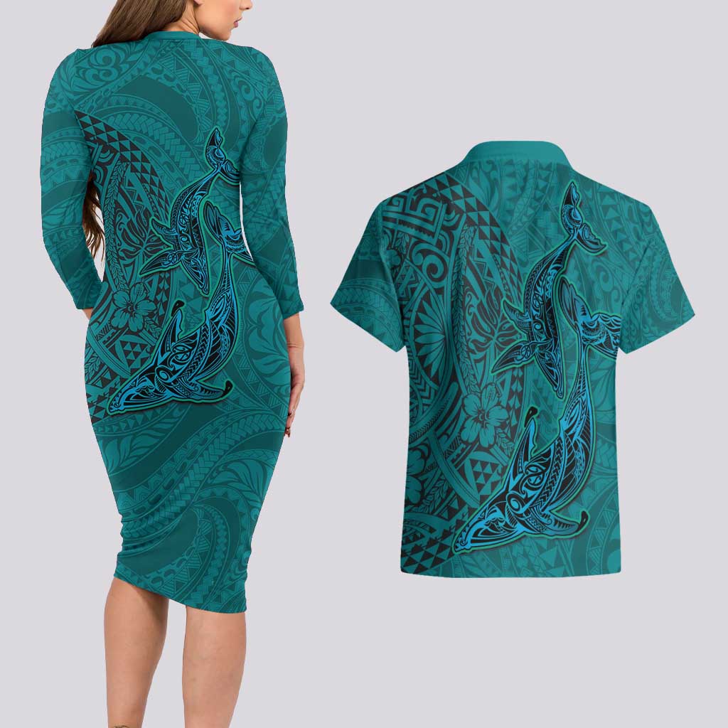 Hawaiian Whales Polynesian Art Motifs Couples Matching Long Sleeve Bodycon Dress and Hawaiian Shirt Turquoise Color LT03 - Polynesian Pride