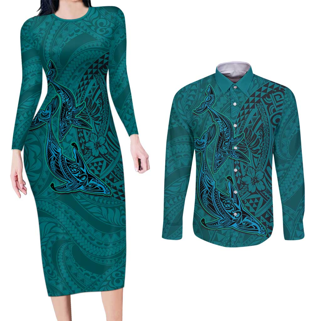 Hawaiian Whales Polynesian Art Motifs Couples Matching Long Sleeve Bodycon Dress and Long Sleeve Button Shirt Turquoise Color - Polynesian Pride