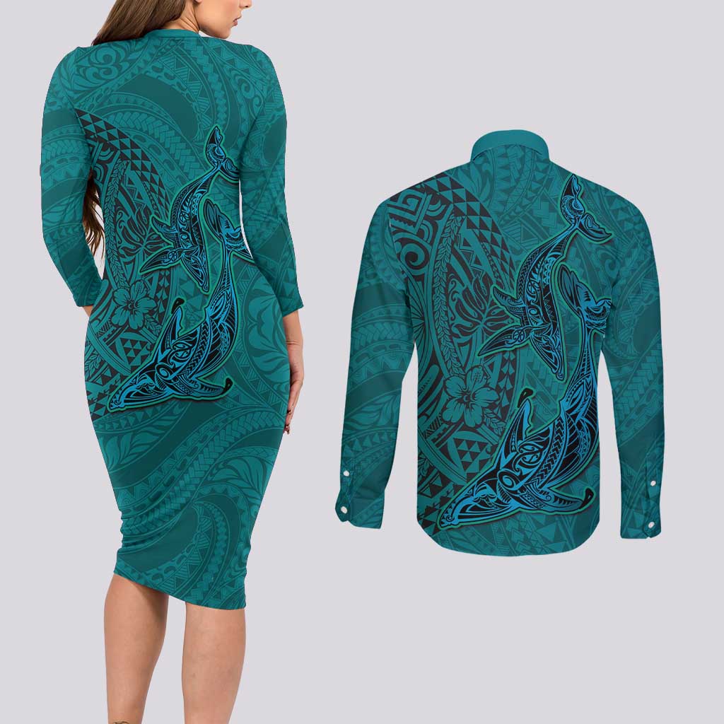 Hawaiian Whales Polynesian Art Motifs Couples Matching Long Sleeve Bodycon Dress and Long Sleeve Button Shirt Turquoise Color - Polynesian Pride
