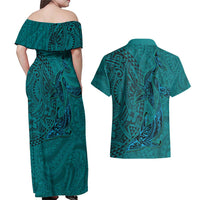 Hawaiian Whales Polynesian Art Motifs Couples Matching Off Shoulder Maxi Dress and Hawaiian Shirt Turquoise Color LT03 - Polynesian Pride