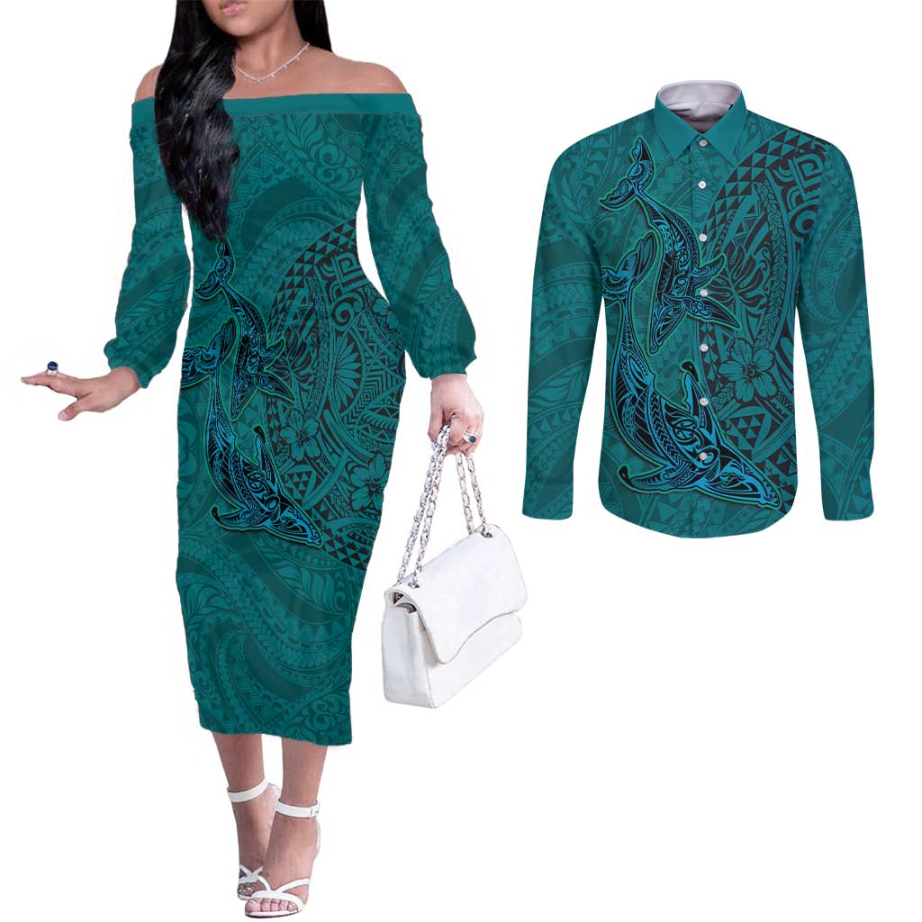 Hawaiian Whales Polynesian Art Motifs Couples Matching Off The Shoulder Long Sleeve Dress and Long Sleeve Button Shirt Turquoise Color - Polynesian Pride