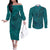 Hawaiian Whales Polynesian Art Motifs Couples Matching Off The Shoulder Long Sleeve Dress and Long Sleeve Button Shirt Turquoise Color - Polynesian Pride