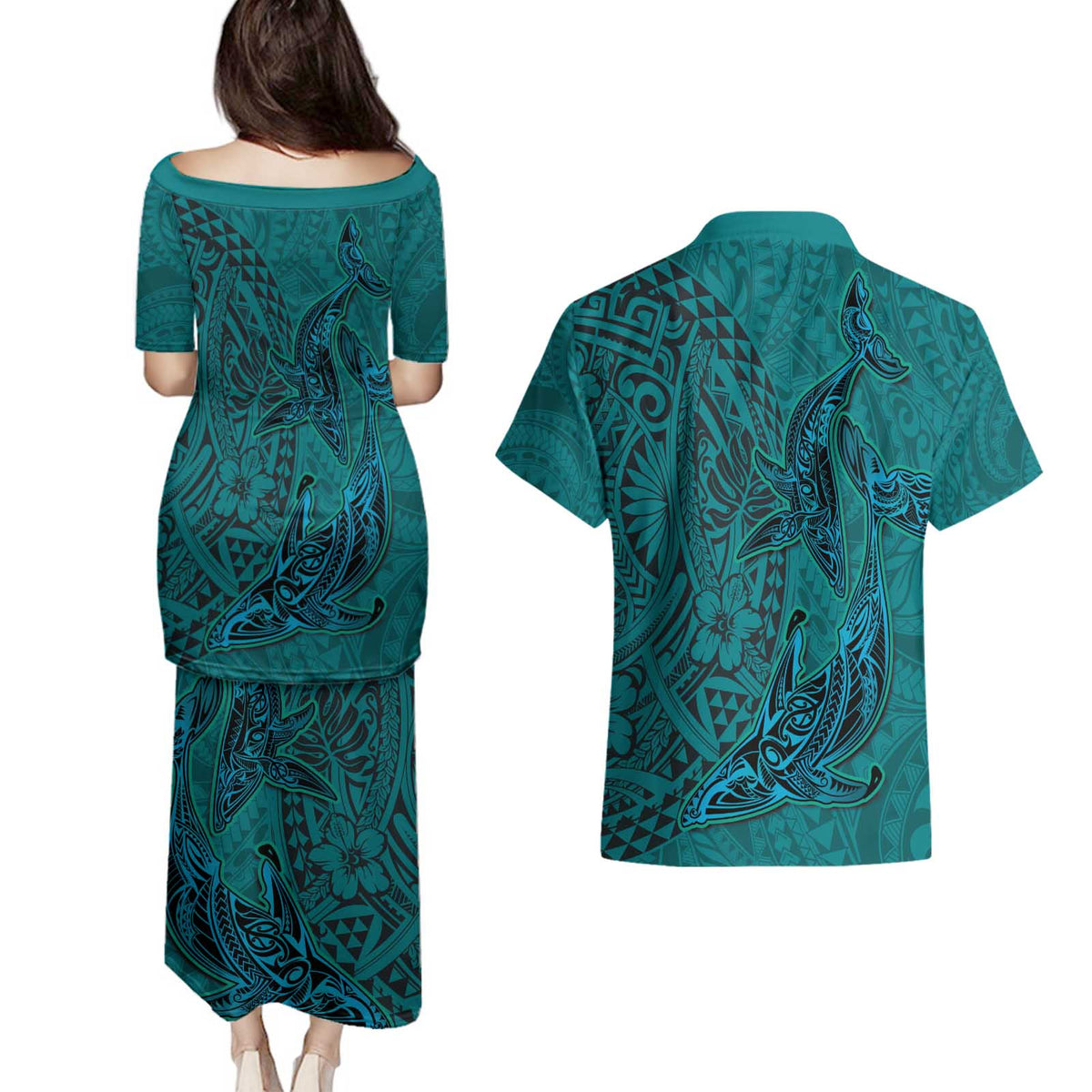 Hawaiian Whales Polynesian Art Motifs Couples Matching Puletasi and Hawaiian Shirt Turquoise Color - Polynesian Pride