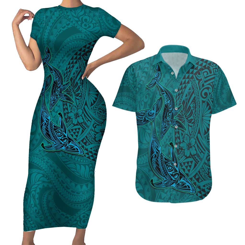 Hawaiian Whales Polynesian Art Motifs Couples Matching Short Sleeve Bodycon Dress and Hawaiian Shirt Turquoise Color LT03 Turquoise - Polynesian Pride