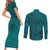 Hawaiian Whales Polynesian Art Motifs Couples Matching Short Sleeve Bodycon Dress and Long Sleeve Button Shirt Turquoise Color - Polynesian Pride