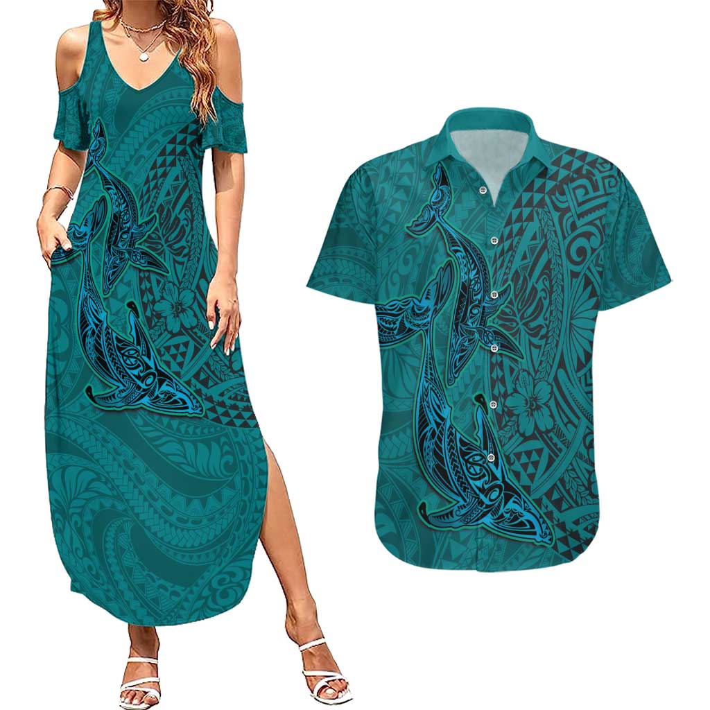 Hawaiian Whales Polynesian Art Motifs Couples Matching Summer Maxi Dress and Hawaiian Shirt Turquoise Color - Polynesian Pride