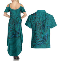 Hawaiian Whales Polynesian Art Motifs Couples Matching Summer Maxi Dress and Hawaiian Shirt Turquoise Color LT03 - Polynesian Pride