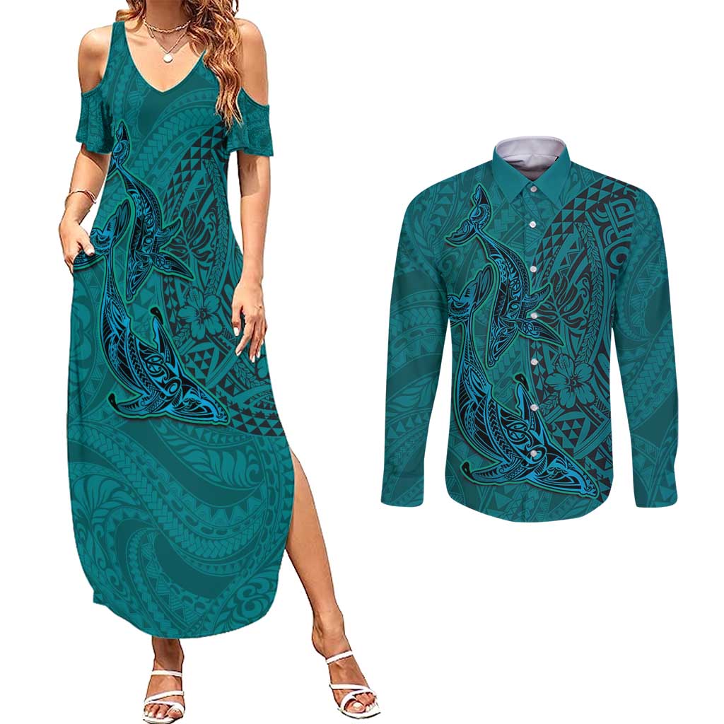 Hawaiian Whales Polynesian Art Motifs Couples Matching Summer Maxi Dress and Long Sleeve Button Shirt Turquoise Color - Polynesian Pride