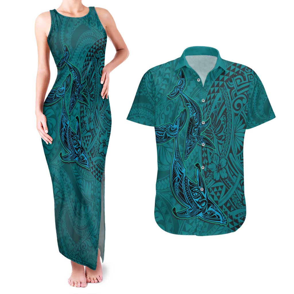 Hawaiian Whales Polynesian Art Motifs Couples Matching Tank Maxi Dress and Hawaiian Shirt Turquoise Color - Polynesian Pride