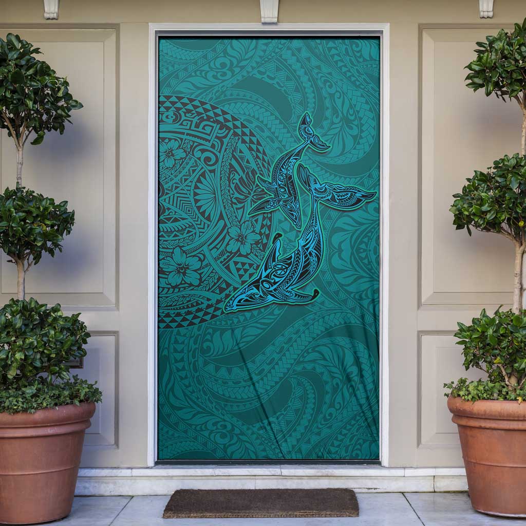 Hawaiian Whales Polynesian Art Motifs Door Cover Turquoise Color - Polynesian Pride