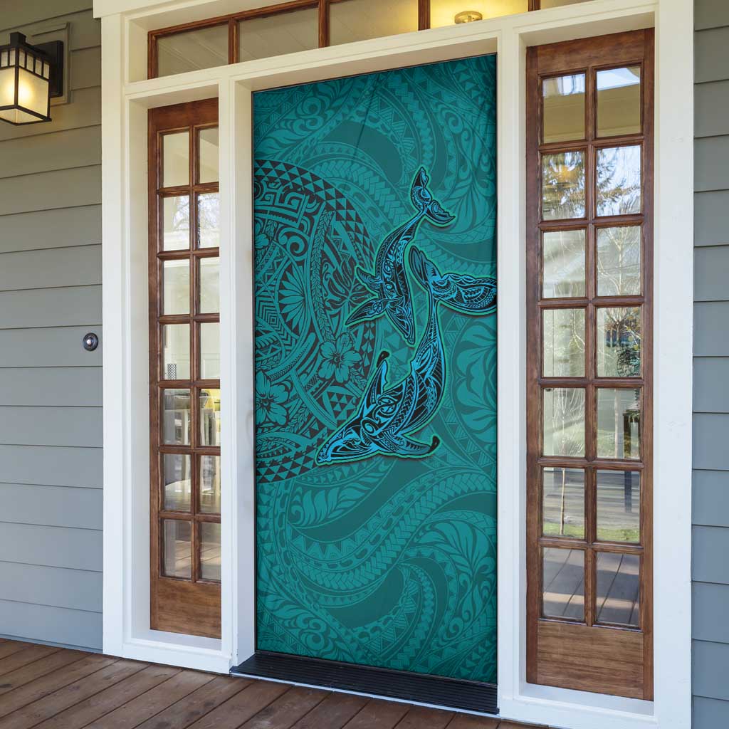 Hawaiian Whales Polynesian Art Motifs Door Cover Turquoise Color - Polynesian Pride
