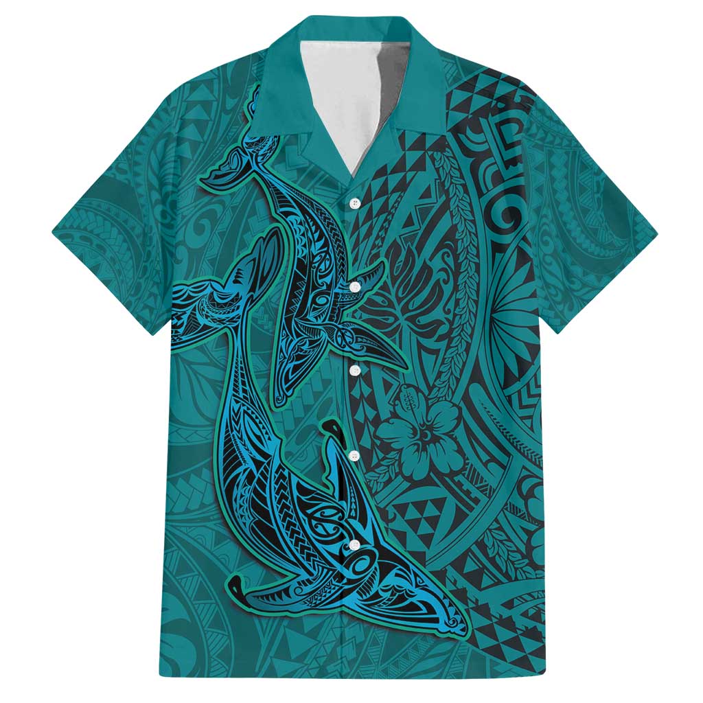Hawaiian Whales Polynesian Art Motifs Family Matching Long Sleeve Bodycon Dress and Hawaiian Shirt Turquoise Color - Polynesian Pride