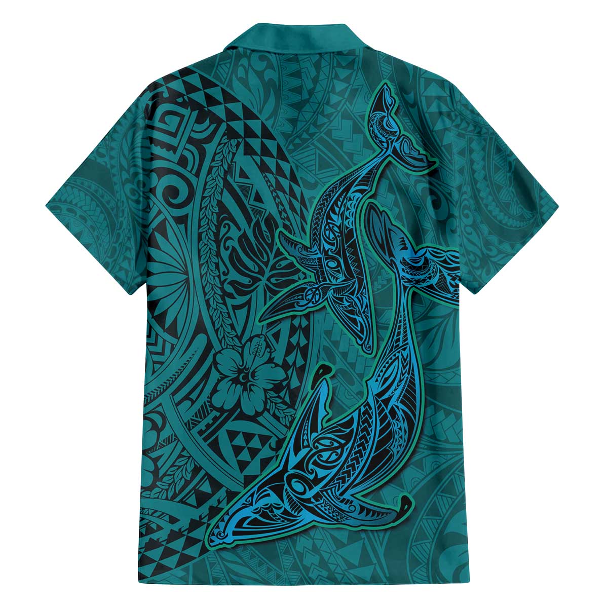 Hawaiian Whales Polynesian Art Motifs Family Matching Off The Shoulder Long Sleeve Dress and Hawaiian Shirt Turquoise Color - Polynesian Pride