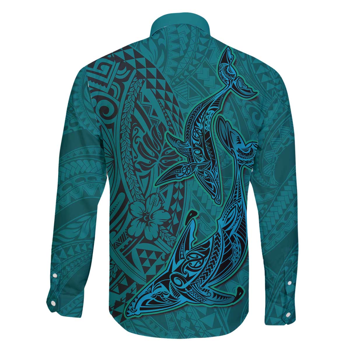Hawaiian Whales Polynesian Art Motifs Family Matching Off The Shoulder Long Sleeve Dress and Hawaiian Shirt Turquoise Color - Polynesian Pride