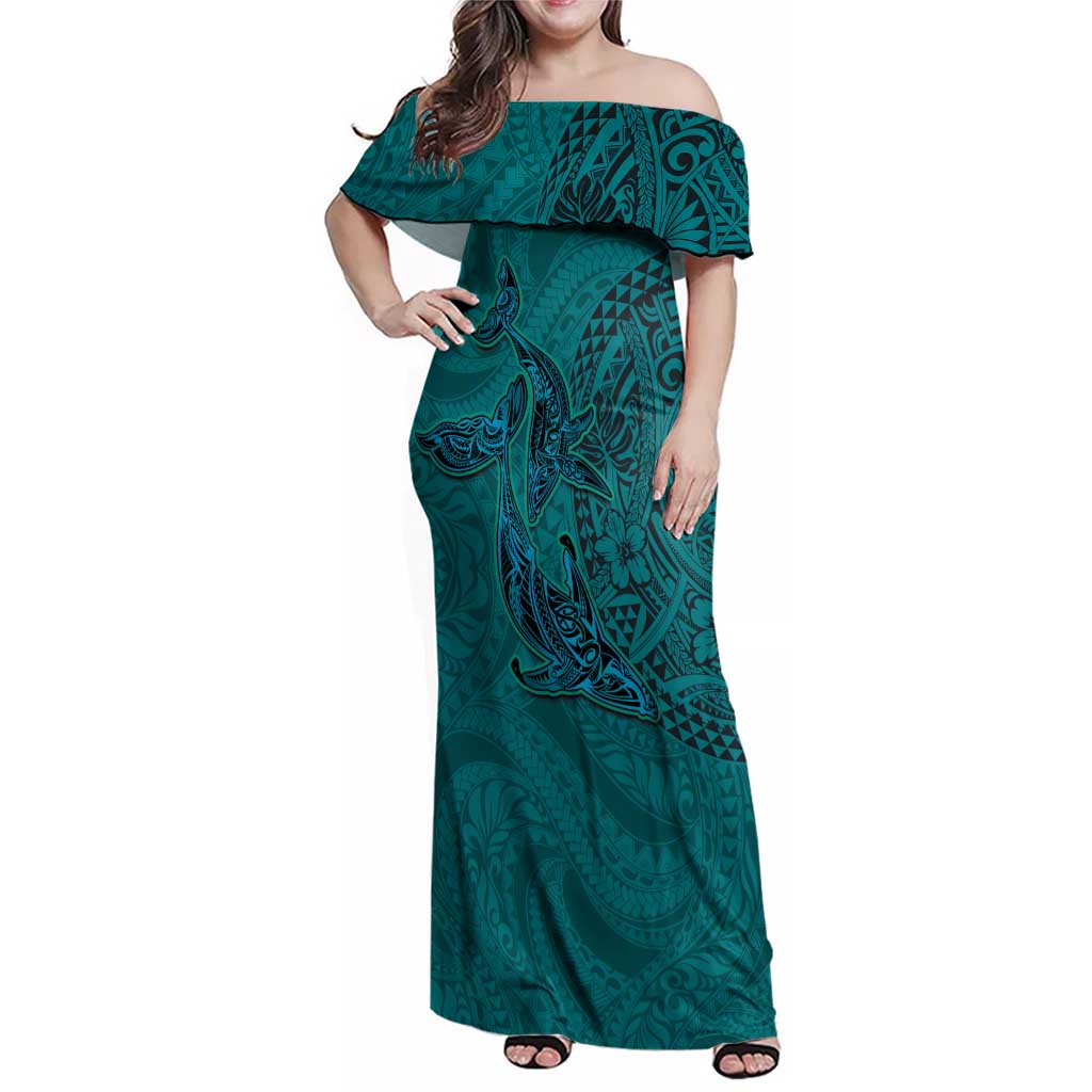 Hawaiian Whales Polynesian Art Motifs Family Matching Off Shoulder Maxi Dress and Hawaiian Shirt Turquoise Color - Polynesian Pride