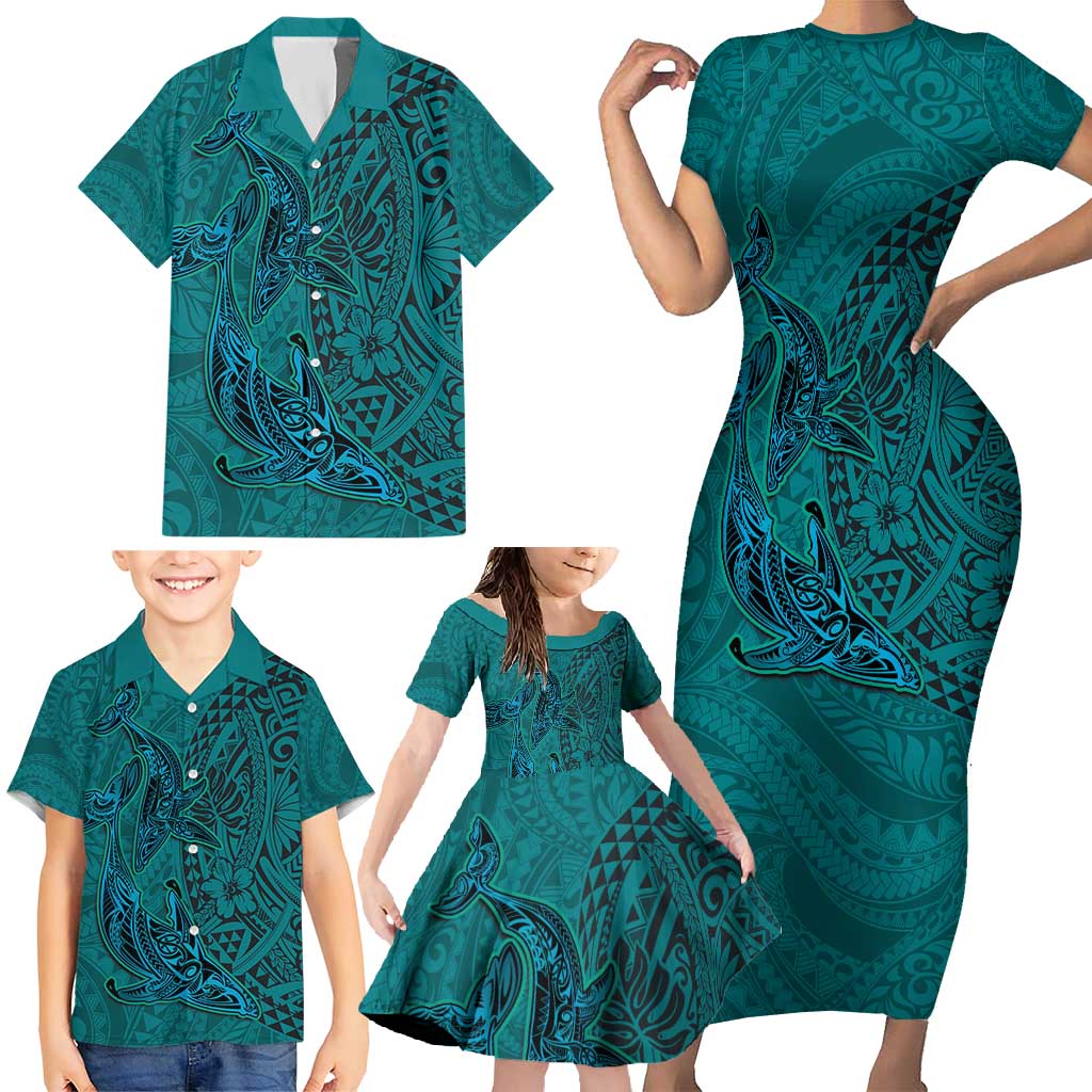 Hawaiian Whales Polynesian Art Motifs Family Matching Short Sleeve Bodycon Dress and Hawaiian Shirt Turquoise Color - Polynesian Pride